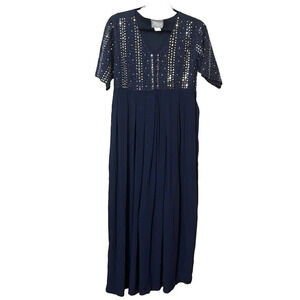Vintage April Cornell Maxi Dress Womens M Navy Blue Mirror Beaded Cotton Rayon